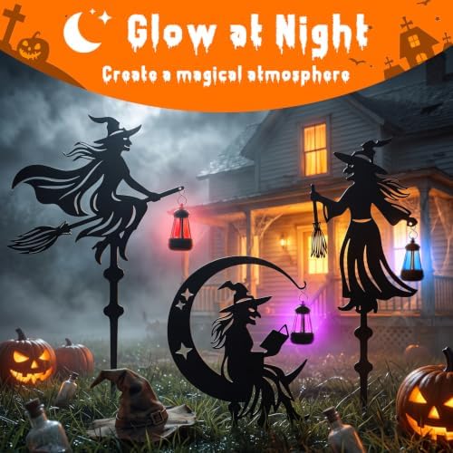 KODIBO Halloween Decor 3-Pack Metal Witch Yard Stakes with Solar Lanterns