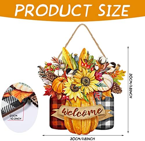 Capoda Fall Floral Welcome Sign Thanksgiving Wooden Hanging Door Sign Autumn Pumpkin Harvest Hanger Fall Welcome Decoration for Farmhouse Home Yard Seasonal Holiday Outdoor Decor,12nch(Plaid Style)