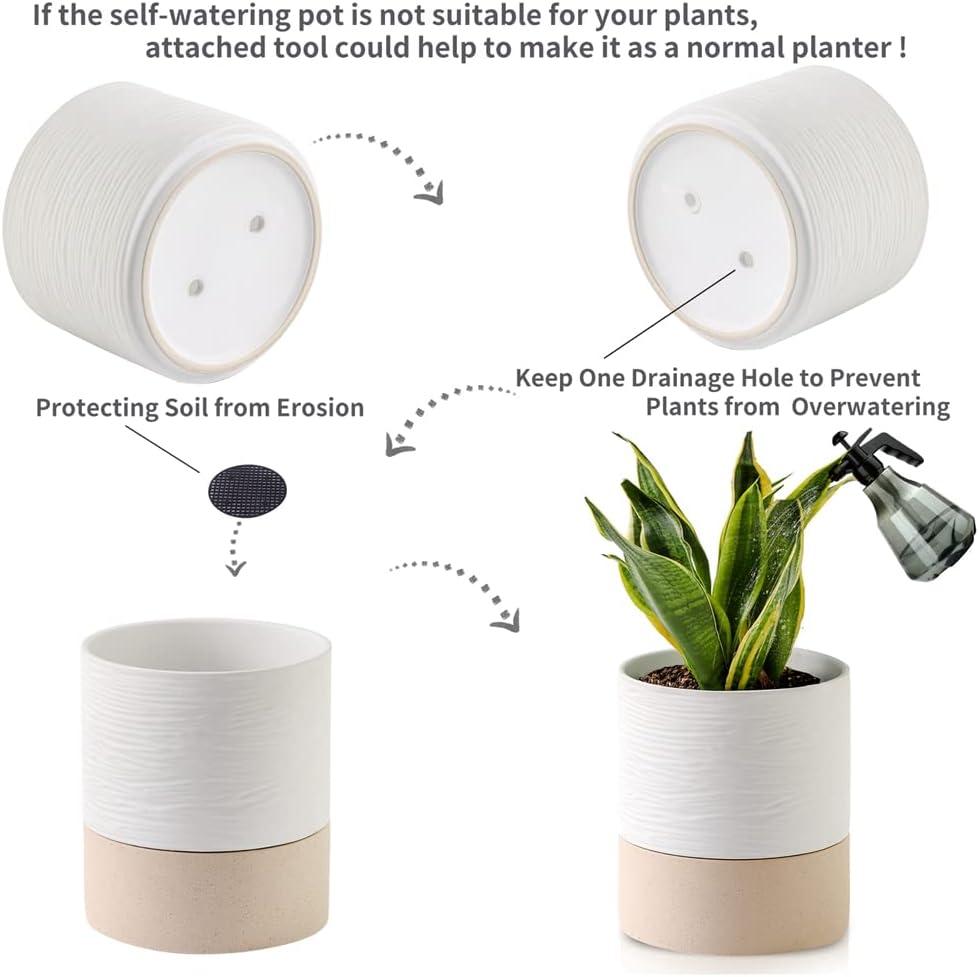 Nihow Ceramic Self Watering Plant Pot for Indoor Plants,6 Inch,White | Planter with Cotton Wick, Drainage Hole & Water