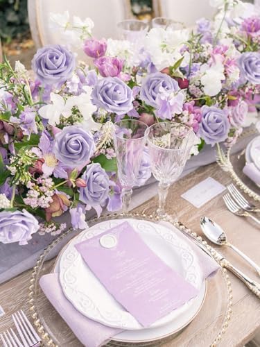 MACTING 30PCS Lavender Artificial Roses with Stems, Real Touch Foam Flowers