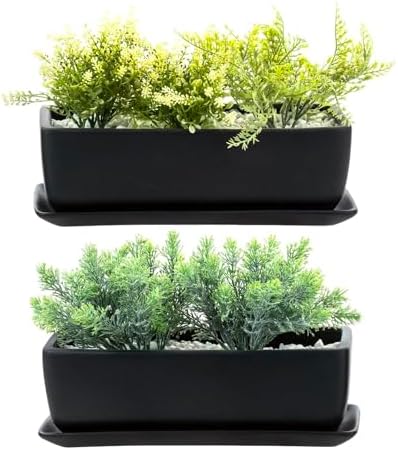MyGift Matte Black Ceramic Indoor Plant Pot Succulent Planter, Decorative Flower Planter with Drainage Hole and Removable Tray (14 inch - 2 Pack)