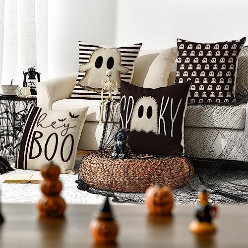 AVOIN colorlife Halloween Hey Boo Cute Ghost Spooky Throw Pillow Covers, 20 x 20 Inch Horror Scary Cushion Case for Sofa Couch Set of 4, Black