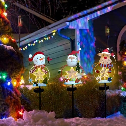 3 Pack Christmas Stake Decor, Outdoor Garden Solar Light Metal Snowman/Santa Claus/Reindeer Yard Stakes with LED Lights Waterproof for Home Lawn Pathway Christmas Holiday Winter Decoration