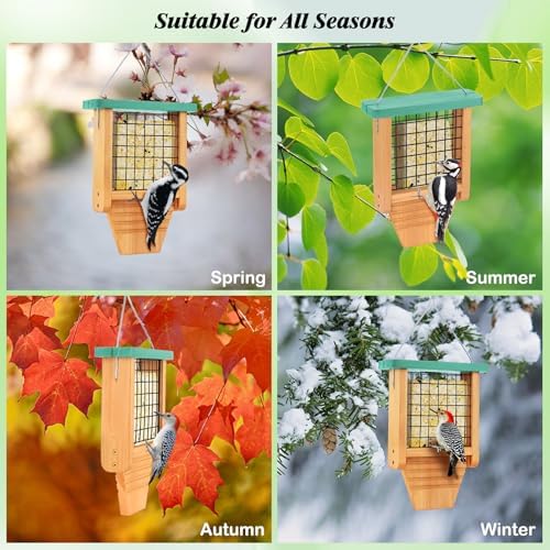 Gbekery Wooden Suet Feeder with Tail Prop for Outside Hanging, Green Roof
