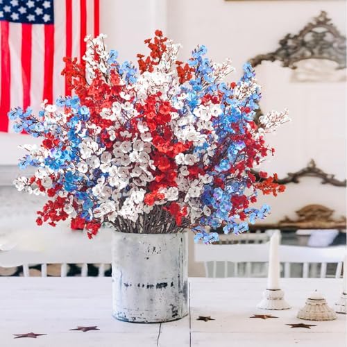 Uieke 15 Pcs 4th of July Artificial Flowers Fake Patriotic Babys Breath Flowers for Independence Day Decor Blue White Red Silk Flowers for Memorial Day Floral Arrangement Home Wedding
