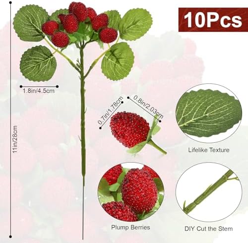 Hoteam 10 Pcs Artificial Raspberries Stems 11 Inch with Leaves, Red