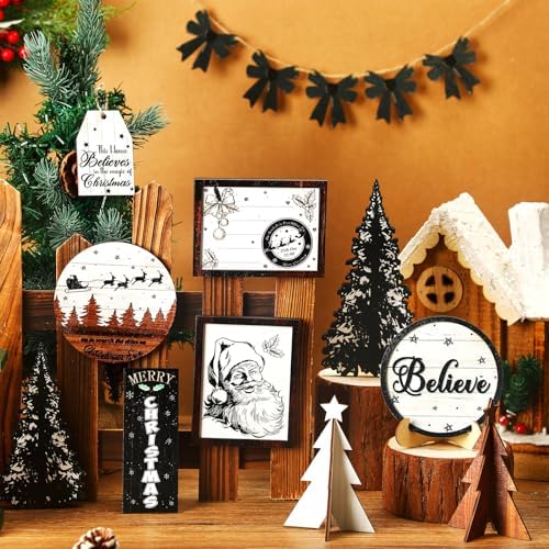 FairySandy 15 Pcs Christmas Tiered Tray Decor Christmas Wooden Sign Decor