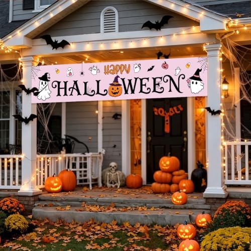 Happy Halloween Banner Outside Halloween Decorations Pink Yard Party Sign