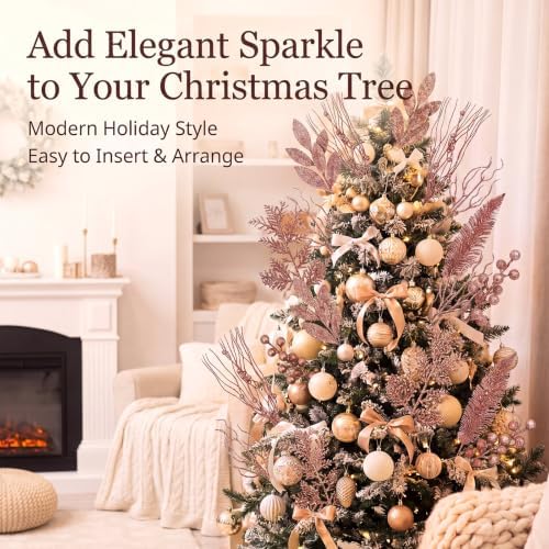 66 Pcs Christmas Glitter Picks and Sprays, Rose Gold