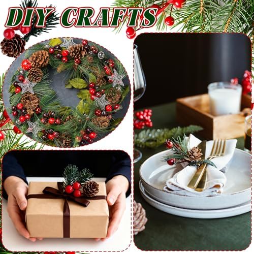 10 PCS Christmas Snow Covered Pine Needles Branches with Red Berries, Christmas Floral Pick Mini Pinecone Picks for Holiday Wreath,Tree Ornaments