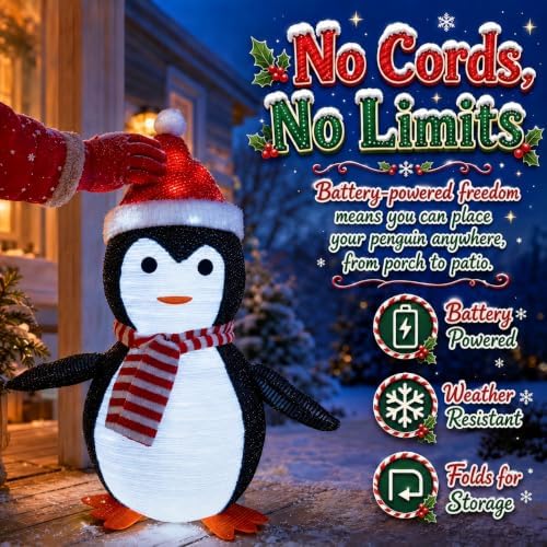 Lighted Christmas Penguin Decor, 45 LEDs, 2 Light Modes, 2 Scarves