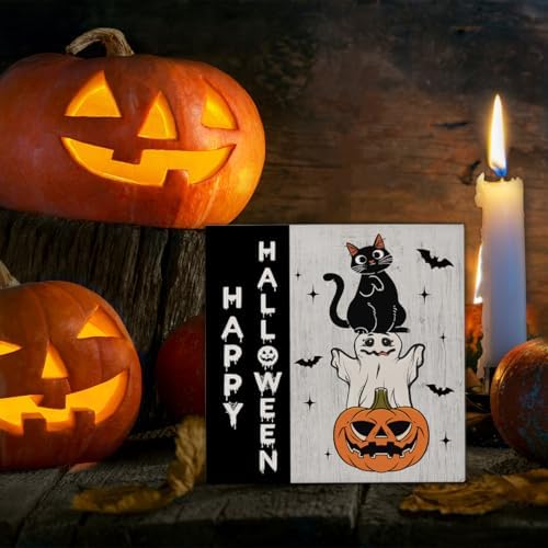 Happy Halloween Wooden Decor, Ghost Cat Pumpkin Block Sign