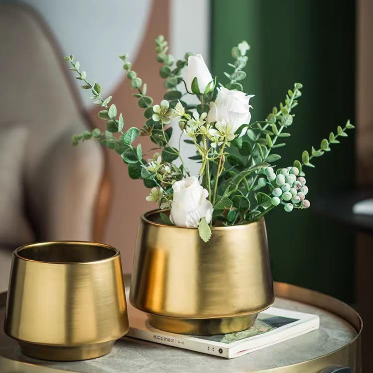 Gold Indoor Plant Pot 7 Inch Large Ceramic Planter With Drainage Hole - Modern Brass Flower Pot Centerpiece Vase