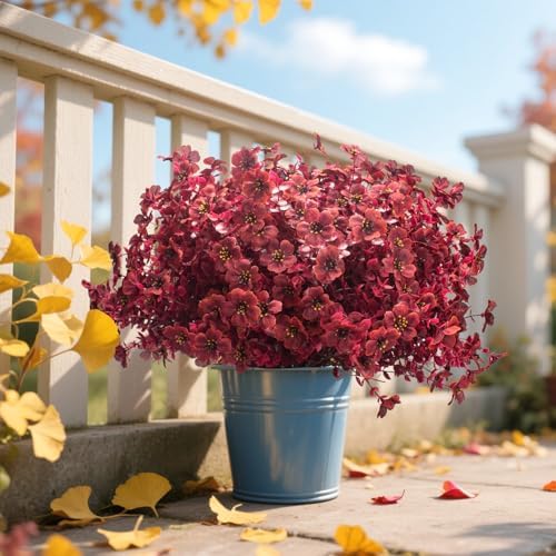 Grunyia 16 Bundles Artificial Boxwood Flowers Outdoor UV Resistant, 13.5" Fall Faux Greenery for Porch Planters Thanksgiving Decor - Fake Plants for Garden, Fireplace, Front Door(Wine Red)