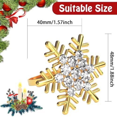 Halatool Christmas Napkin Rings Set of 12, Gold Snowflake with White Rhinestone Napkin Holder for Christmas Thanksgiving Winter Holiday Place Setting, Weddings, Party Table Decoration