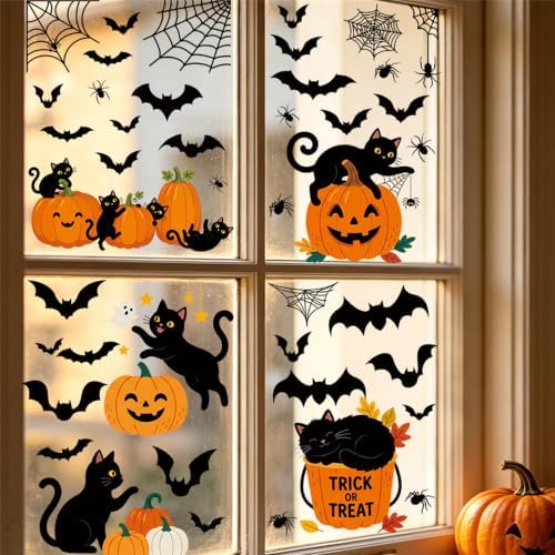 Halloween Black Cat Pumpkin Window Clings, Double Sided Bat Spider Web Stickers for Party