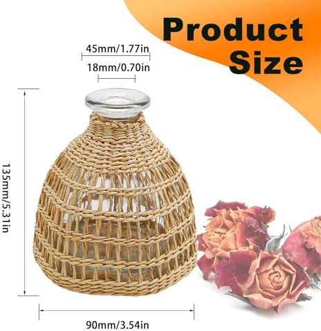 Flower Vases with Rattan Cover, Straw Woven Glass Vase, Rattan Woven Vase Decorative, Glass Flower Vase, Boho Glass Flower Vase, Vase for Home Flower Arrangement Table Decoration, 5.3''X3.5'',D Style