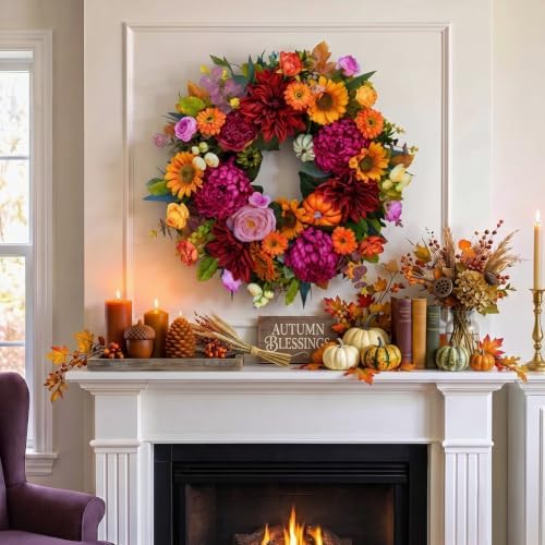 24 Inch Fall Wreath for Front Door, Artificial Harvest Fall Wreath