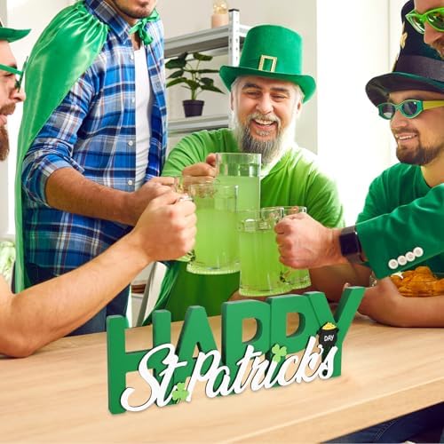 COCHIE Wooden Happy St. Patrick's Day Sign, Green Saint Patrick Decorations for Home, Office, Shelf, Mantel, Indoor, Wood Shamrock Decor, Lucky Pot of Gold Table Top Party Decoration (Green)