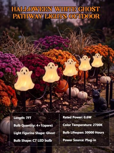 Goothy Halloween Ghosts Pathway Marker Lights, 4 White Ghosts with 4 Stakes, 7Ft Extendable Pathway String Lights, Waterproof for Halloween Lawn Walkway Driveway Markers