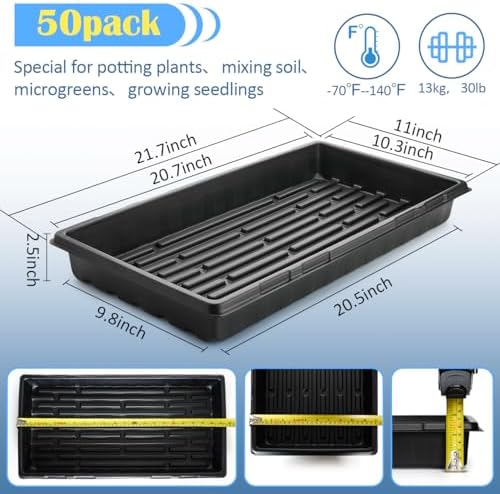50-Pack Heavy-Duty 1020 Seed Trays No Holes, Thick Plastic Plant Flats