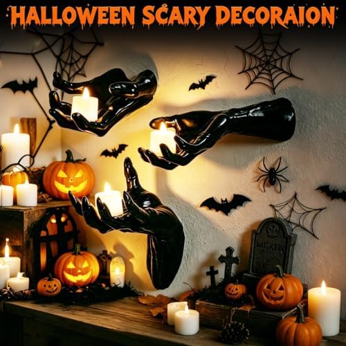 Halloween Wall Decor, 3 PCS Gothic Hands with LED Candles, Scary Decoration