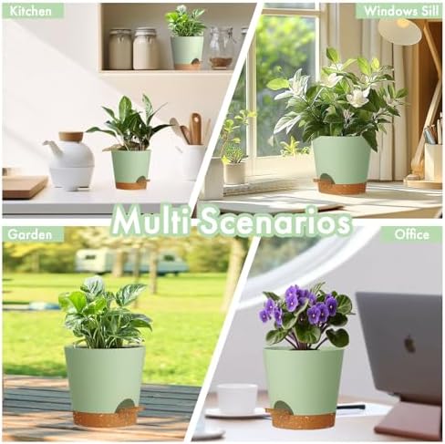 WSMKSZ 4 inch Self Watering Pots for Indoor Outdoor Plants, 6 Pack Plastic Flower Planters with Drainage Holes and Removable Saucers, Plant Pots with Wicking Rope, Modern Decor, Green Brown