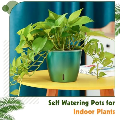 Self Watering Pots for Indoor Plants, 6-Pack 5'' Self Watering Planter with Drainage Holes, Small African Violet Pots with Water Indicator, Clear Wick Orchid Pot, Blue Gold