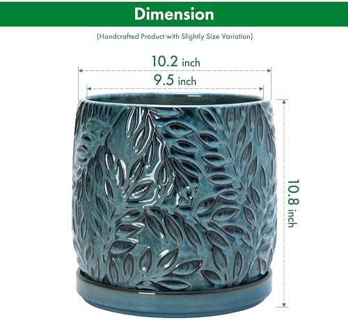 D'vine Dev Embossed Leaves Ceramic Planter, 10 in, Ocean Teal, 27-A-P-8