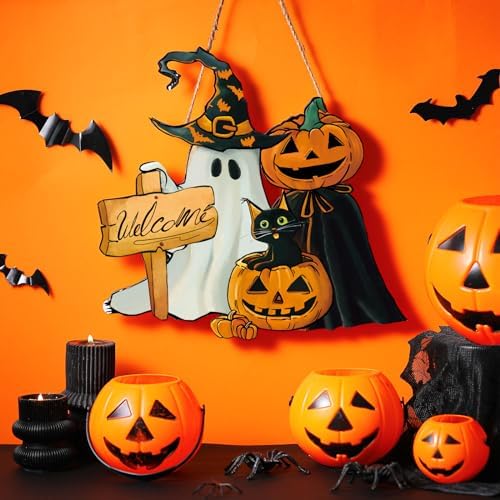 Barydat Happy Halloween Ghost Wreath Black Cat Welcome Front Door Sign