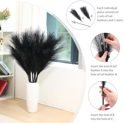 Wertuirk 9 Stems Black Pampas Grass, 38 Inch Tall Faux Pompous Grass Decor