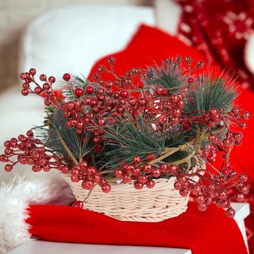 CCINEE 24 Pack Christmas Artificial Red Berry Stems,6.9 Inch Xmas Red Glitter Berry Picks Holly Branches for Christmas Tree Ornaments Xmas Wreath DIY Crafts Home Holiday Decor