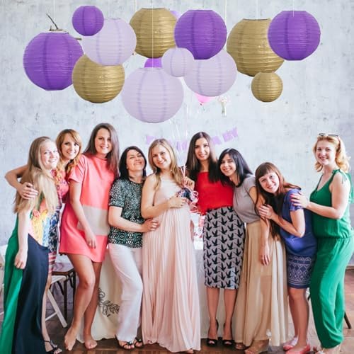 BEISHIDA Purple Gold Paper Lanterns 16Pcs 6/8/10 Inch Round Chinese Lamp