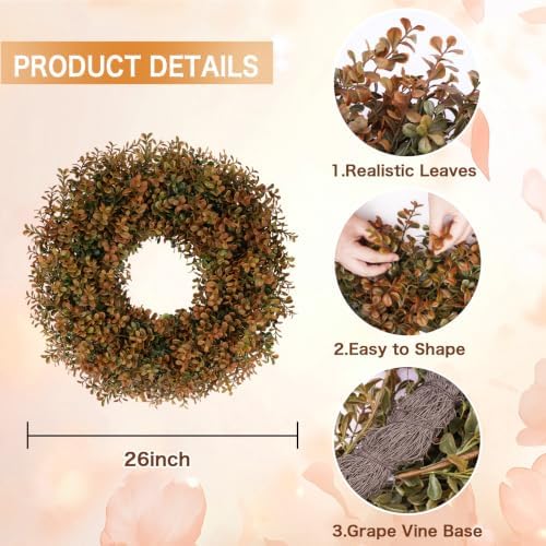 26 Inch Fall Wreath for Front Door, Artificial Boxwood Thanksgiving Decor