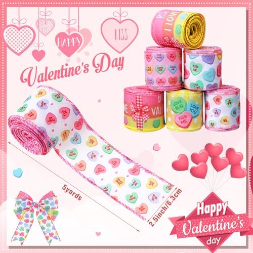 6 Rolls 30 Yards Valentine's Day Ribbons Conversation Heart Wired Wrapping Crafts Valentine Edge Ribbon Wreath Decorations for Gift Wrap DIY Crafts Wedding Birthday Party Decoration