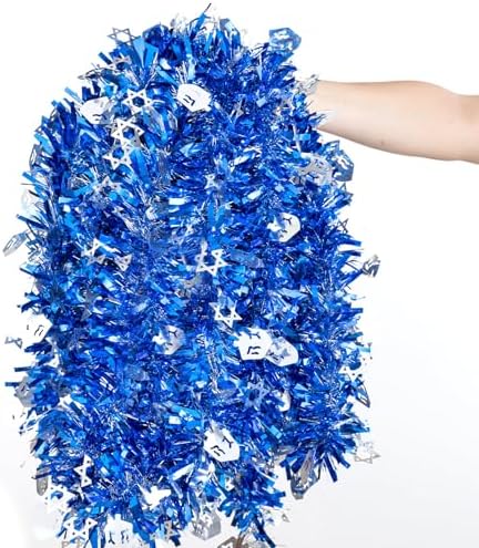 33ft Hanukkah Tinsel Garland, Blue Silver Metallic Twisted Tinsel Garland with Dreidel Star of David Hanging Garland Decoration for Chanukah Party Tree Fireplace Mantle Home Party Decor