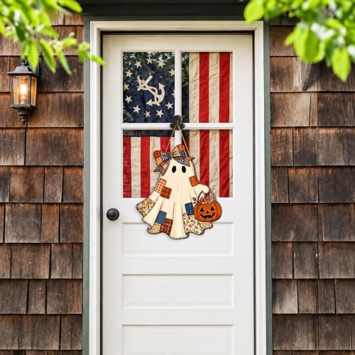 Patchwork Ghost Wood Door Hanger, Halloween Pumpkin Basket Farmhouse Sign