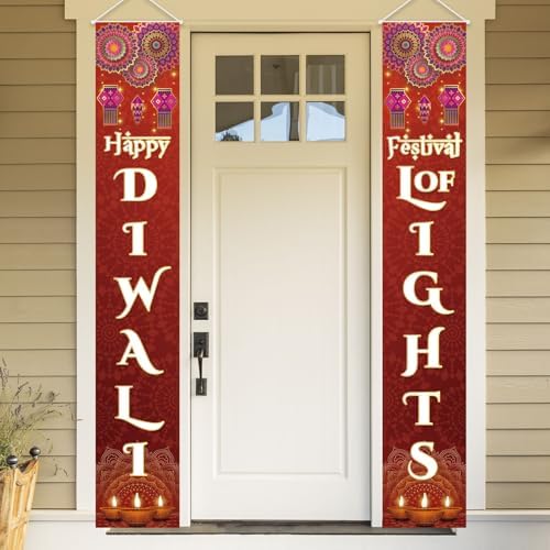 Diwali Porch Banner Sign Happy Diwali Door Decorations Indian Festival of Lights Hanging Banner for Indoor Outdoor, 12 X 71 Inch