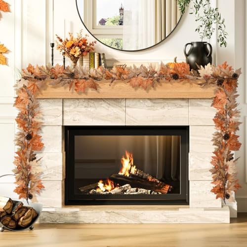 6 Ft Fall Garland with Lights & Timer, Thanksgiving Fireplace Mantel Decor