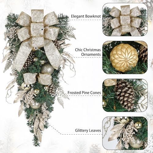 Christmas Teardrop Swag for Front Door with Ornaments, Berries, Bow, 27.5" Christmas Swag Wreath for Stair Window Wall Mantel, Artificial Xmas Swags Garland for Winter Holiday Decorations, Champagne