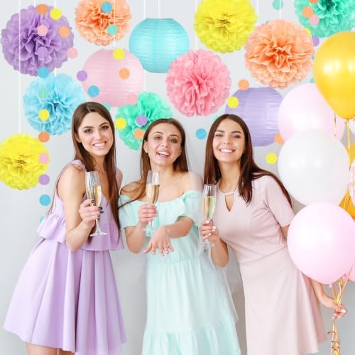 14 Pcs Pastel Party Decorations, Paper Pom Poms Lanterns Garland, 8/10 Inch