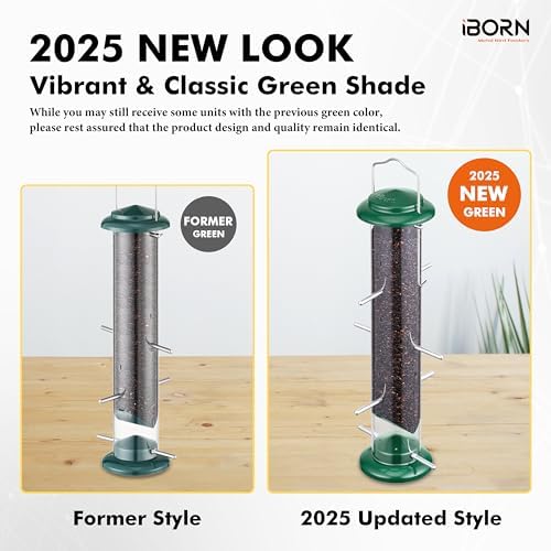 iBorn Nyjer & Thistle Bird Feeder for Outdoors Hanging，Finch Feeders for Outside，Metal Tube Bird Feeder 14 Inch with 12 Small Ports,8 Metal Perches,Green