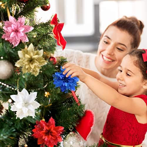 FurRain Christmas Poinsettia Artificial Flowers Decorations 5.5" Christmas Tree Wreaths Garland Decoration 12 Pcs Glitter Flowers Picks Decor for Xmas New Year Wedding Party Ornaments (Green)