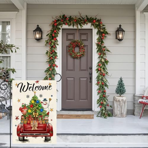 Winter Christmas Garden Flag, Red Truck with Holiday Elements, 12x18 Inches, Double Sided, Burlap, Weather & Fade Resistant