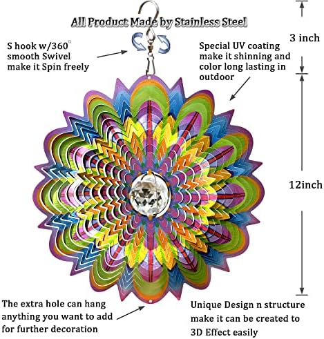 FONMY Mandala Wind Spinner w/Crystal Ball-Bloosom 3D Stainless Steel Suncatcher Hanging Spinners Worth Gift Christmas Decoration Indoor/Outdoor Garden Décor Kinetic Yard Art 12 Inches Wind Sculpture