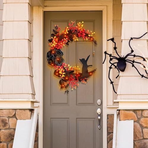 Orange Halloween Wreath with Lights, Crescent Moon Cat Door Wreath