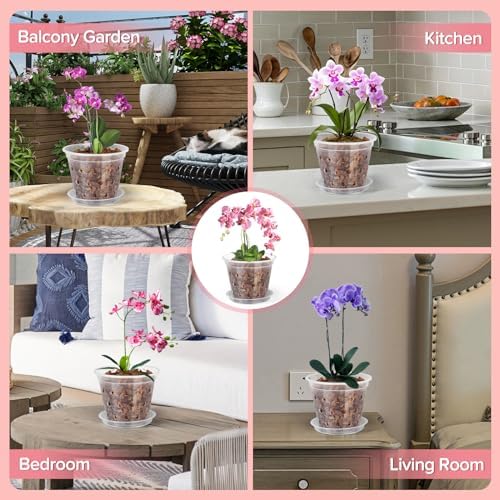 FUIJOL Orchid Pot, 6 Pack 456 Inch Clear Orchid Pots with Holes and Saucers for Repotting, Breathable Slotted Plastic Orchid Planters with Drainage for Root Health Indoor Outdoor