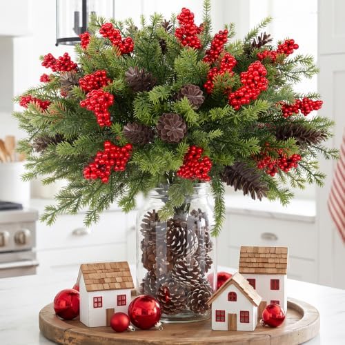 Daynight 6 Pack Artificial Christmas Pine Bushes, Faux Norfolk Pine Bushes with Berries, Realistic Silk Christmas Flower Picks for Bouquets, Table Centerpieces, Xams, Home Décor (6, Norfolk Pine)