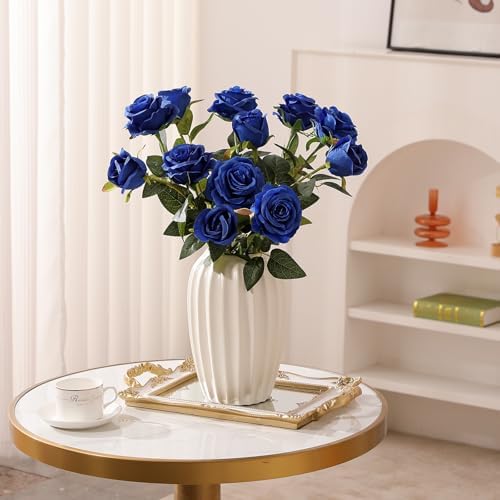 Blue Fake Roses Artificial Flowers - 10 Pcs Fake Artificial Roses Silk Flowers with Stems for Home Wedding Hotel Office Centerpiece Decor