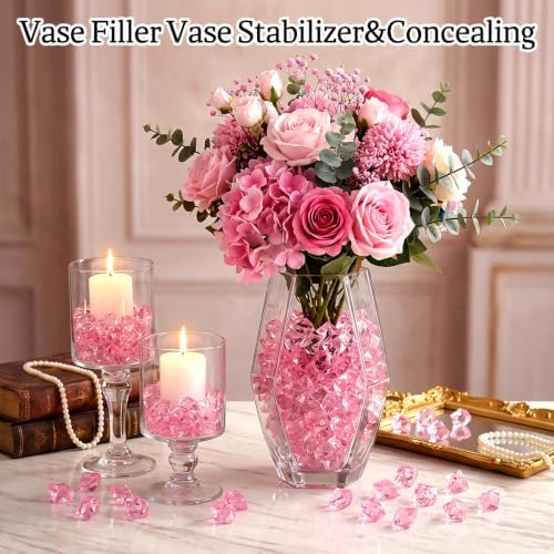 160 Pieces Pink Acrylic Fake Ice Rocks, Vase Fillers for Table Centerpieces